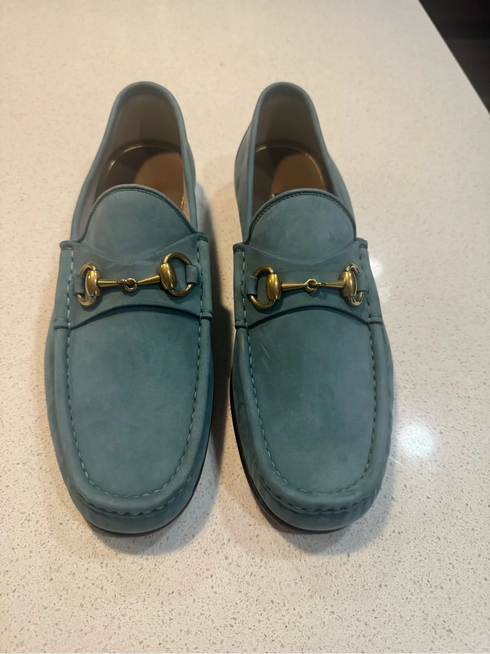 Men's GUCCI '1953 Horsebit' Aqua Blue Suede Loafers 8 1/2